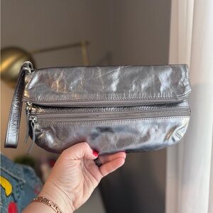 Fossil Leather Silver Zip Clutch